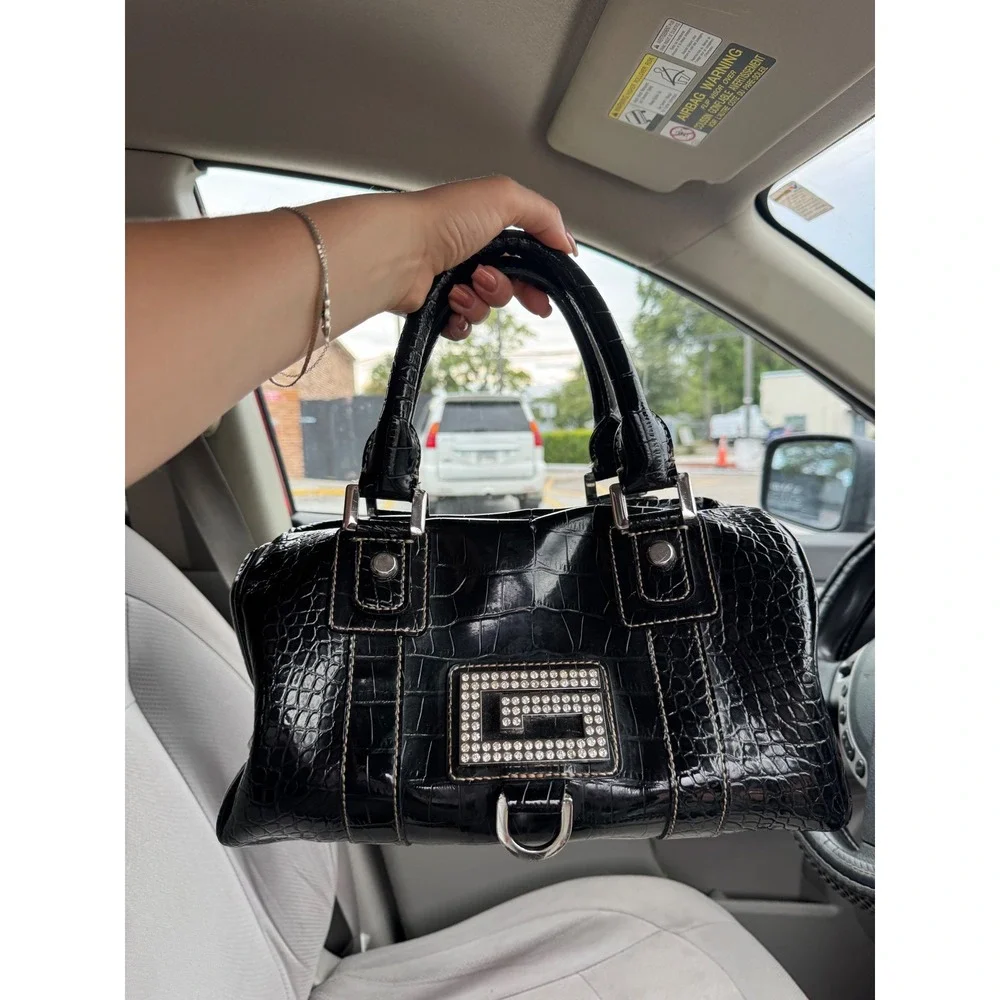 Guess Y2K Rhinestone Bag Black Croc McBling 2000s Bratz It Girl Vintage Purse